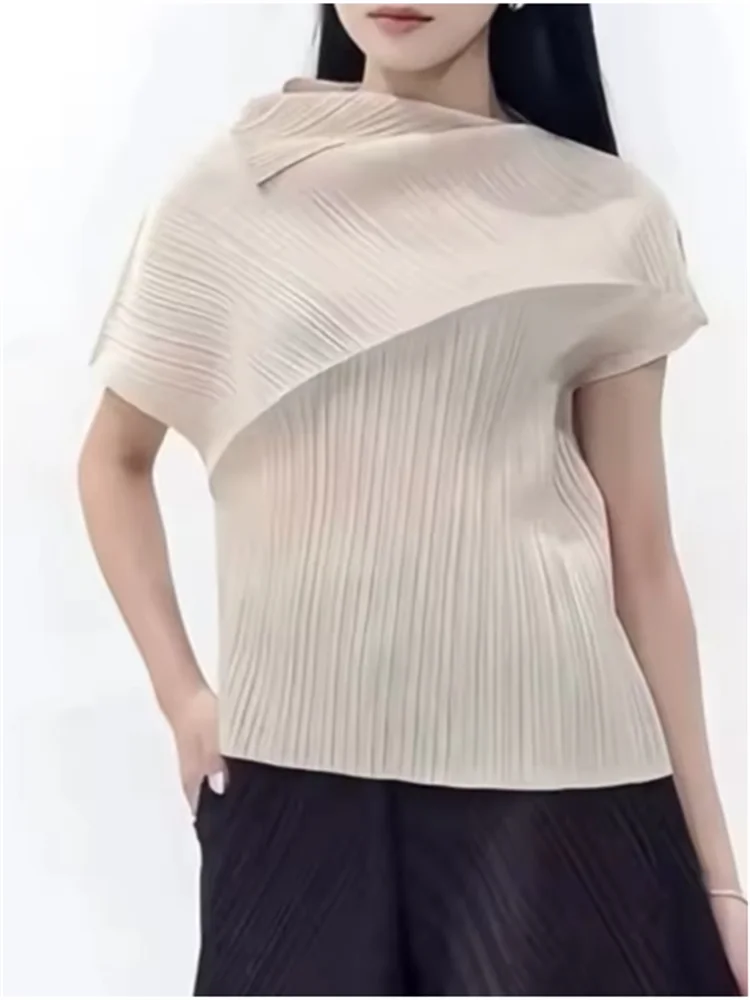 Miyake Pleated Women's T-shirt with High-end and Asymmetrical Design, Versatile Summer Women's Top