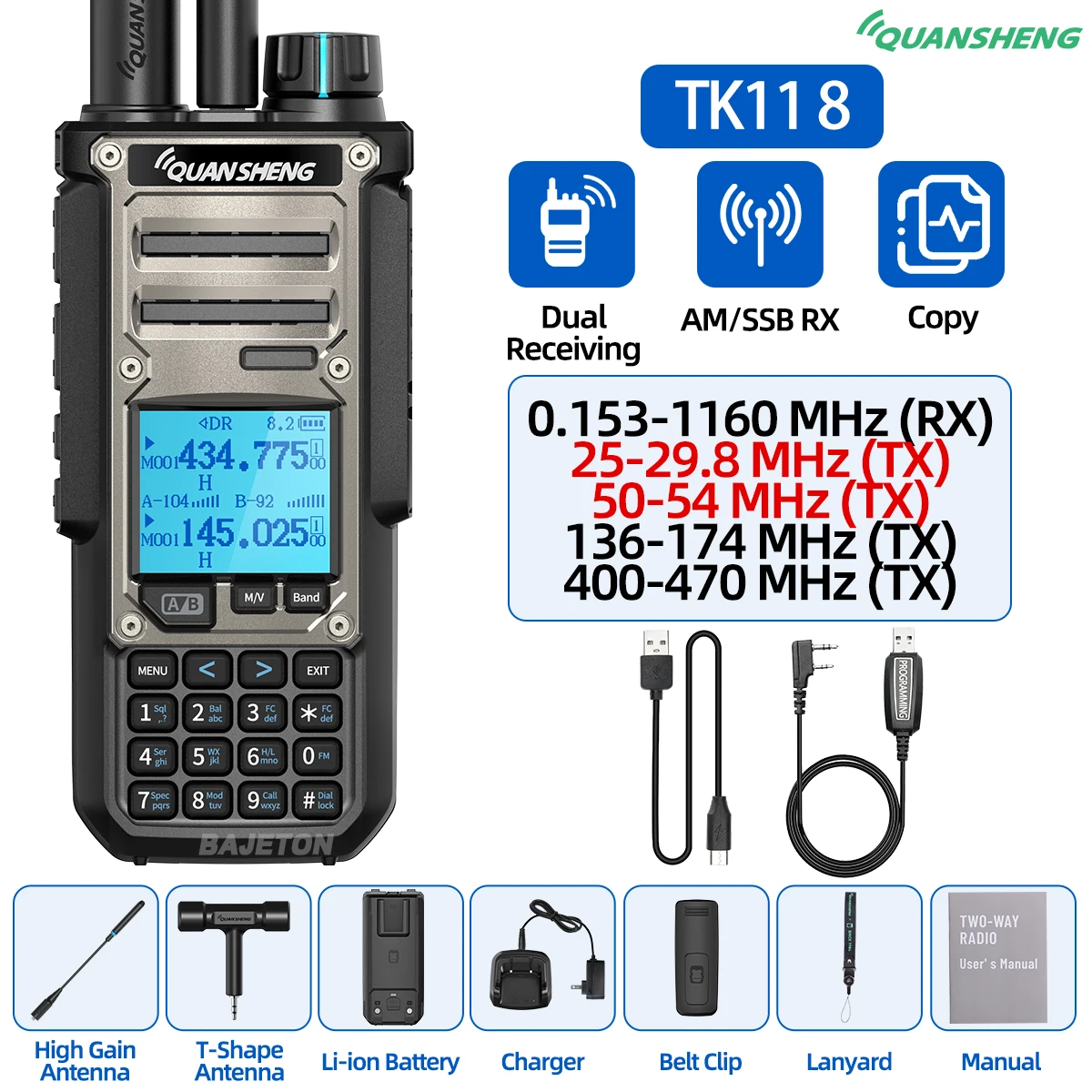 Quansheng TK11 8 Walkie Talkie Ham Radio 10W Dual Ontvangst PTT 27MHz CB CW LSB LW MW SW Type-C Oplader NOAA voor UV-K5 8 TK-11 5