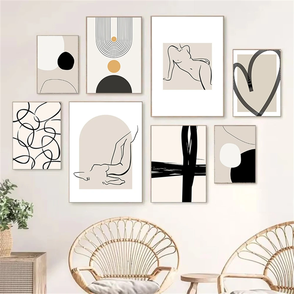 Abstract Black Beige Lines Wall Art Boho Posters Canvas Painting Minimalist Modern Print Pictures Living Room Home Decoration