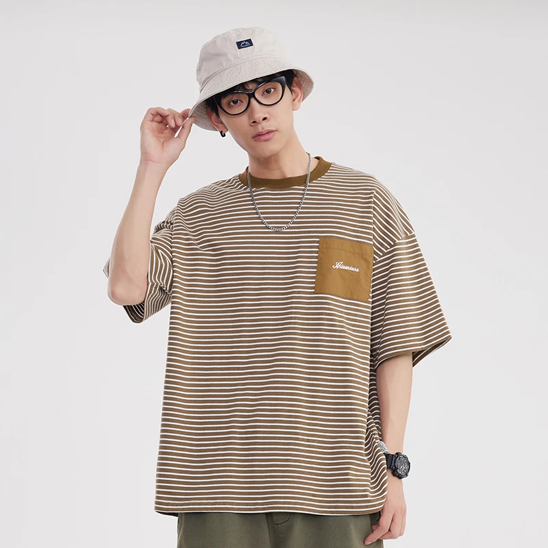 

230G Cotton Stripe T-shirt Men Summer Streetwear Fashion Loose Casual Short Sleeve T Shirts Cityboy Oversize Tshirts