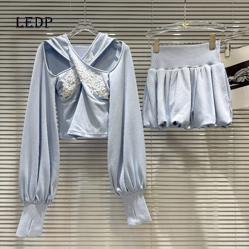 

2026 Spring New Embroidery Cross Hollow Out Hooded Women's Sweater Original Design High Waist Short Skirts Casual Suits Ladies