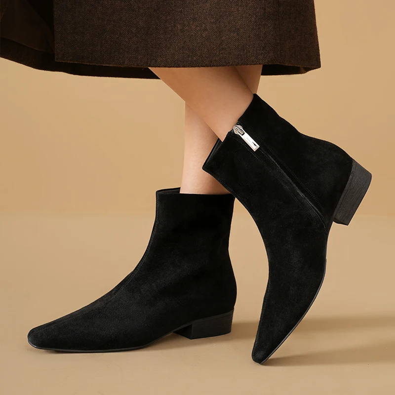 BEAUTODAY Ankle Boots Women Genuine Suede Leather Pointed Toe Vintage Boots Solid Color Ladies Shoes Handmade 03758