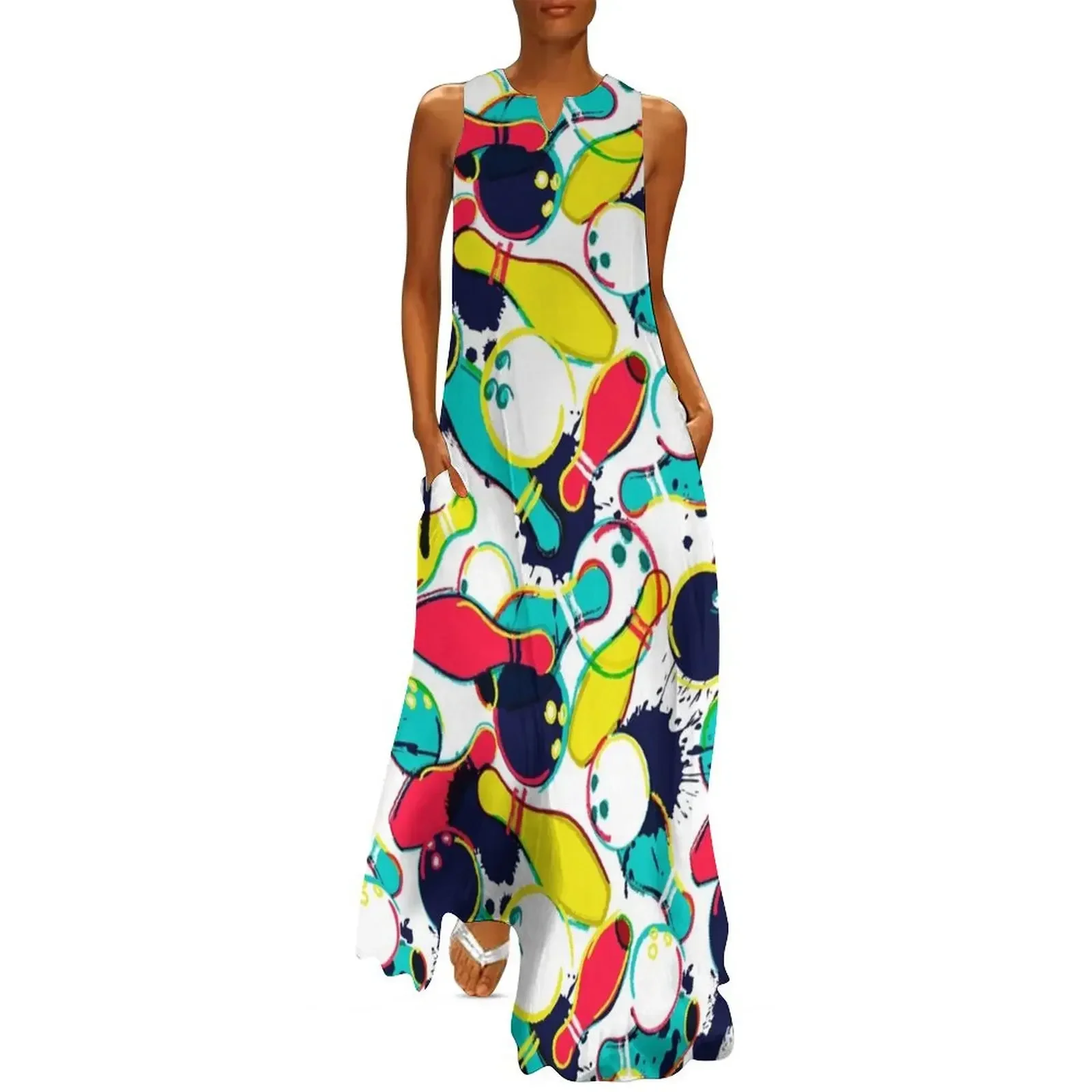 

Bowling, bowling seamless pattern. Abstract watercolor illustration. Bowling ball Long Dress prom clothes Dress