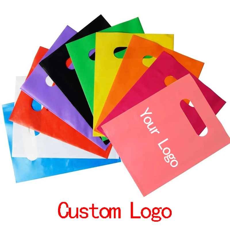 

100 шт., цветная сумка для покупок с логотипом по индивидуальному заказу, пластиковая подарочная сумка с ручкой, пластиковый пакет для бизнес-клиента (плата за печать не входит в комплект