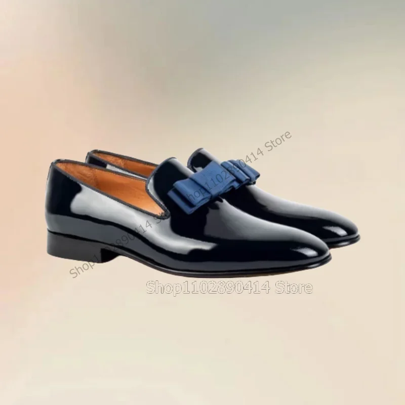 

Blue Bow Knot Black Patent Leather Square Toe Loafers Fashion Slip On Men Shoes Luxurious Handmade Party Wedding Men Dress Shoes
