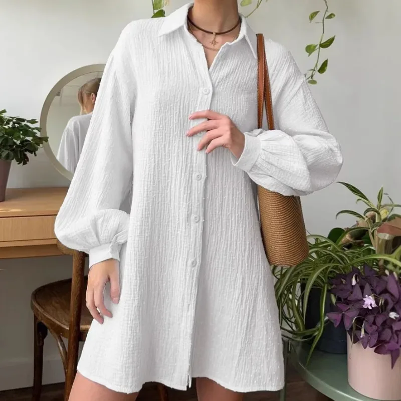 

2026 Европейско-Американская осенне-зимняя женская одежда для дома, белые свободные хлопковые пижамы из крепа с длинными рукавами, удобная верхняя одежда