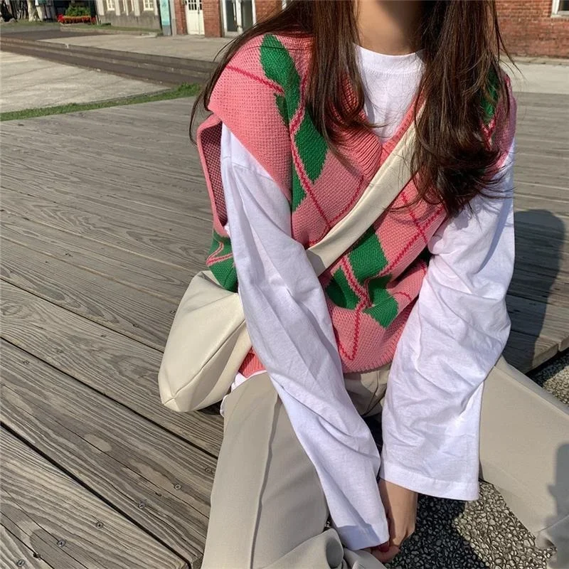 Sweater Vests Women Pink Sweet Simple Students Argyle All-match Street College Hipster Clothing Female Loose Mujer Y2k Ulzzang