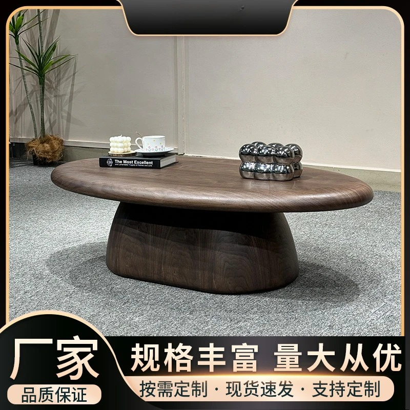 

Coffee table living room home 2024 new black walnut leather solid wood retro oval coffee table