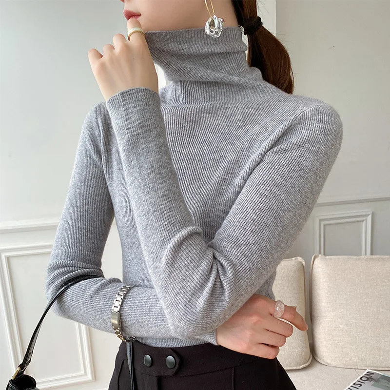 Coreano casual sólido camisa de fundo camisola feminina outono inverno gola alta quente malhas pullovers moda magro marrom camisola