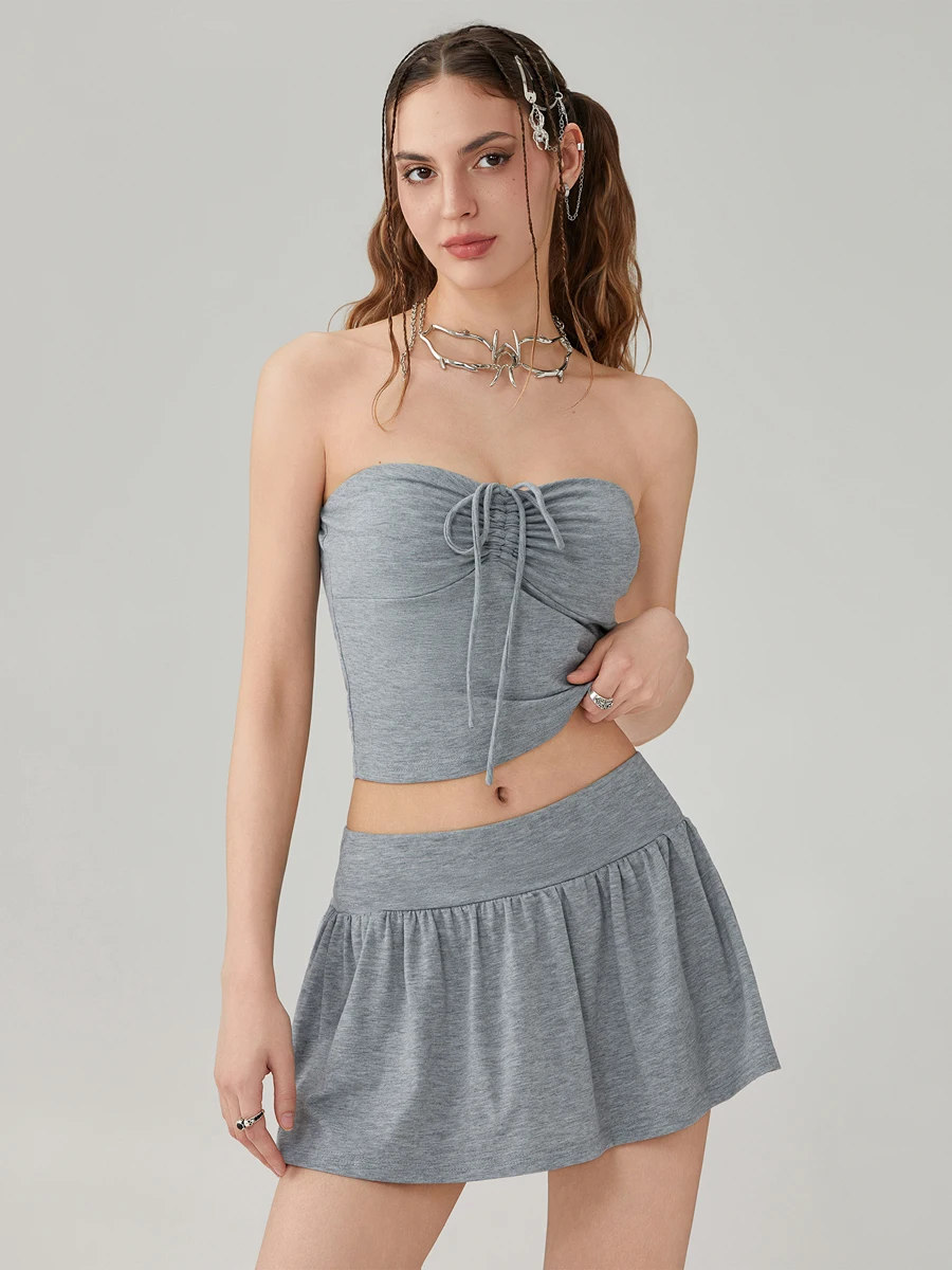 Women Skirt Set Tie-up Sleeveless Tube Top with Pleated Mini Skirt Summer Outfit