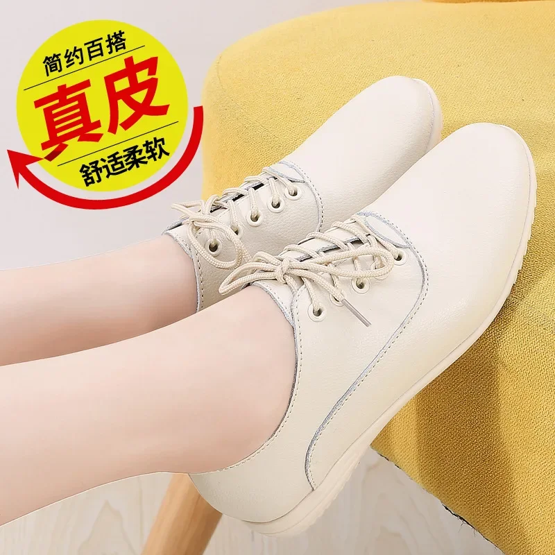 Leather Women\'s Casual Shoes Female Soft-sole Moccasins Fashion White Shoes Luxury Sneakers Women Brand Flat Shoes Plus Size 41