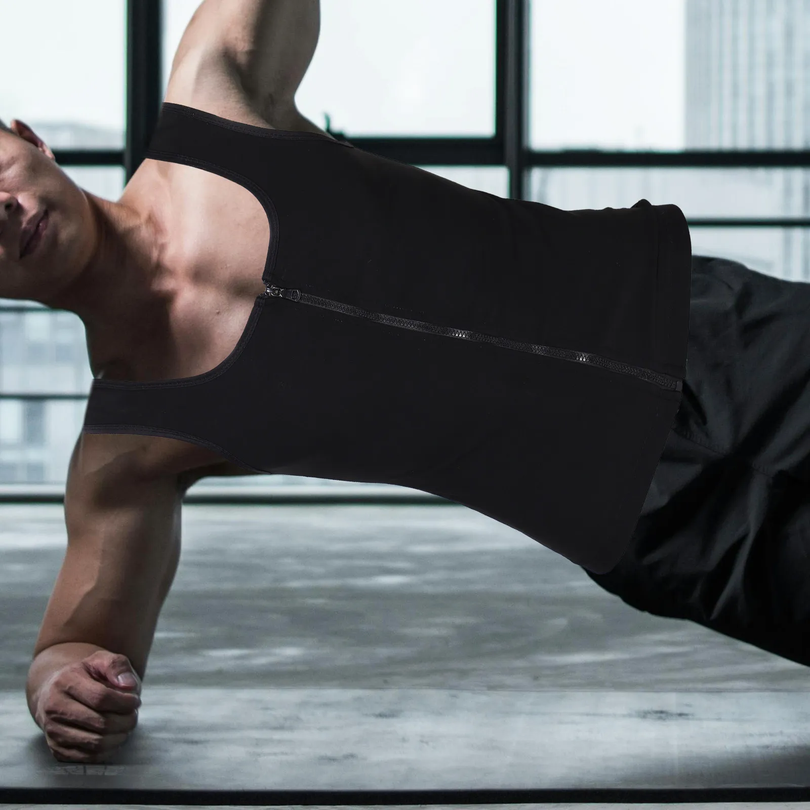 Men Compression Sweat Vest Zip Up Workout Tank Top Waist Support Shirt for Running Yoga Fitness