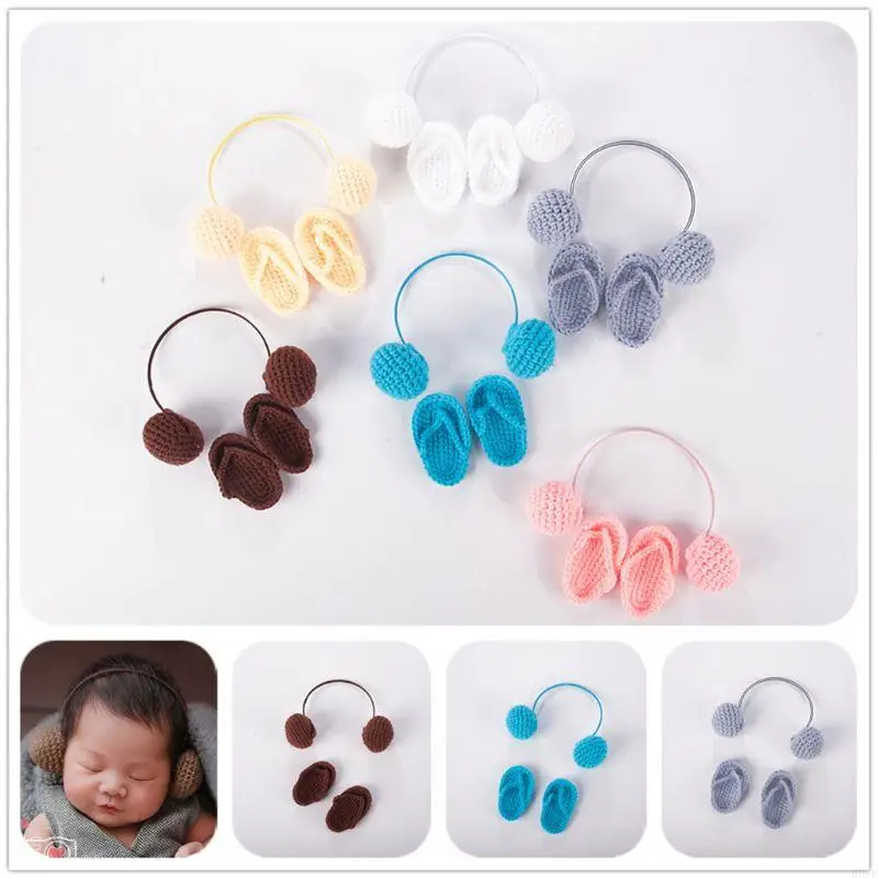 H0XF Lovely Babe Born Accesorios รูปภาพชุดรองเท้าแตะถักกาแฟ + ชุดหูฟัง