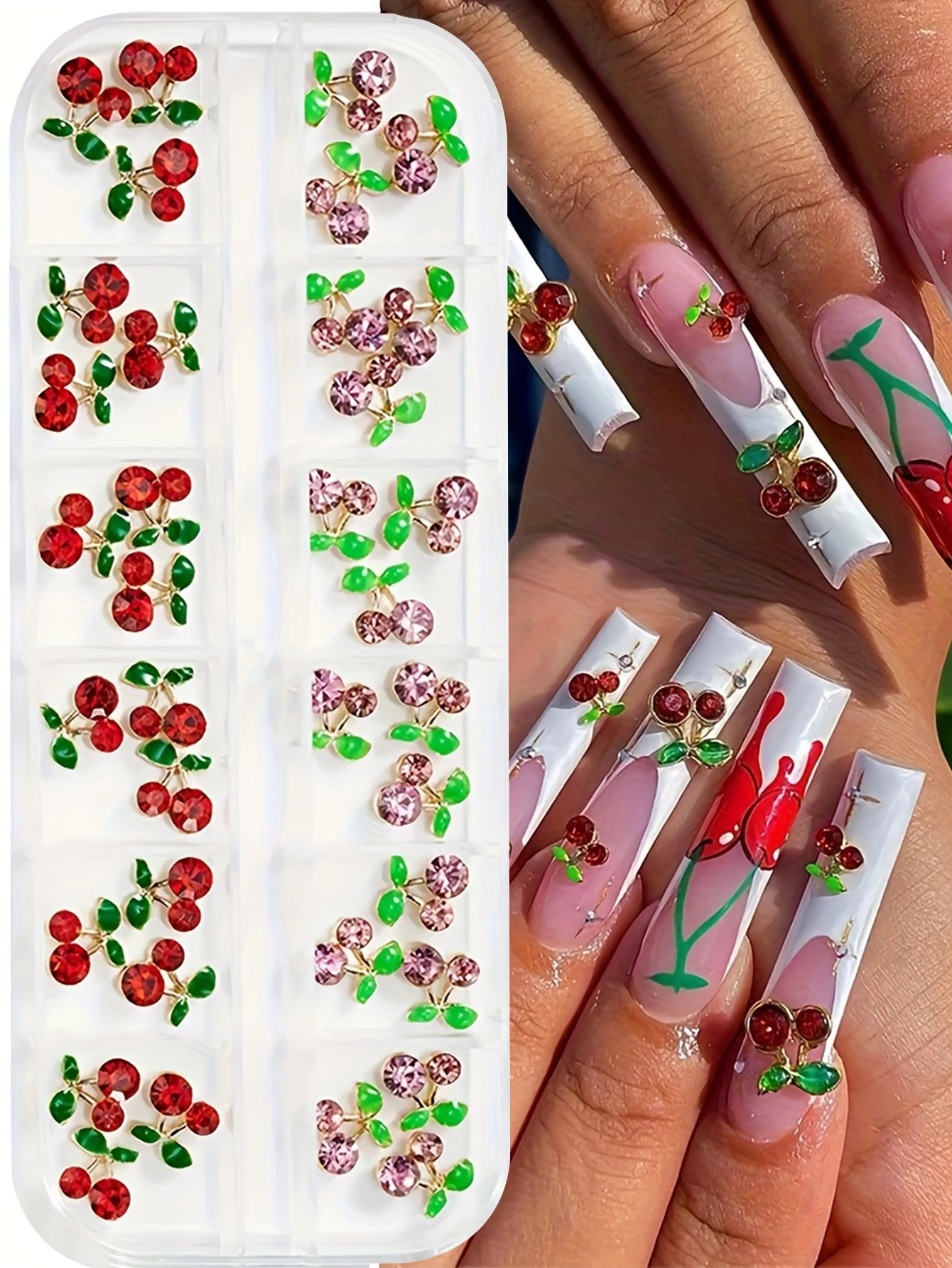 

36-Piece 3D Cherry Nail Charm Set - Rhinestone & Alloy Glitter Nail Art Decorations for DIY Manicure Design