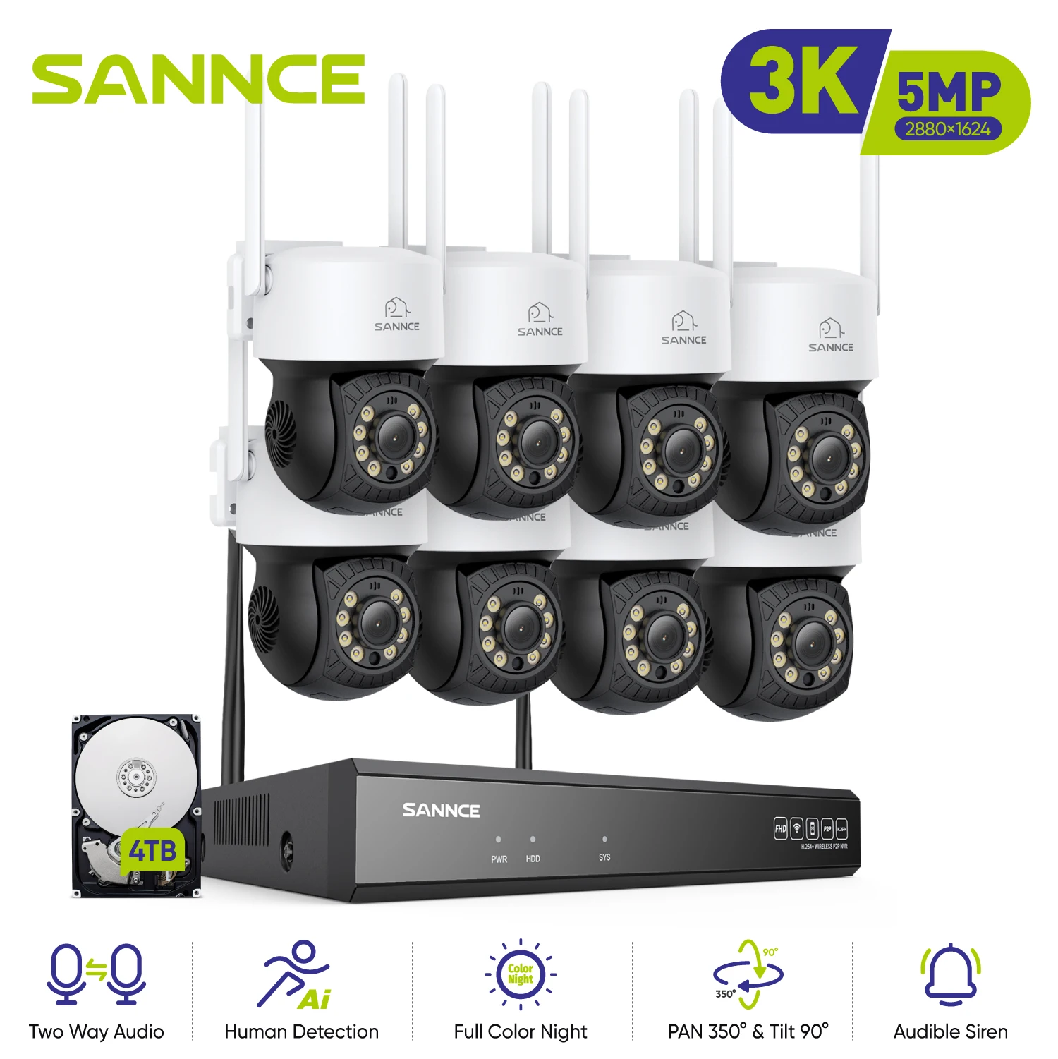 SANNCE 5MP Wi-Fi Video Camera Surveillance Kit 10CH NVR Outdoor Full Color Night Vision Two Way Voice Security Camera CCTVSystem