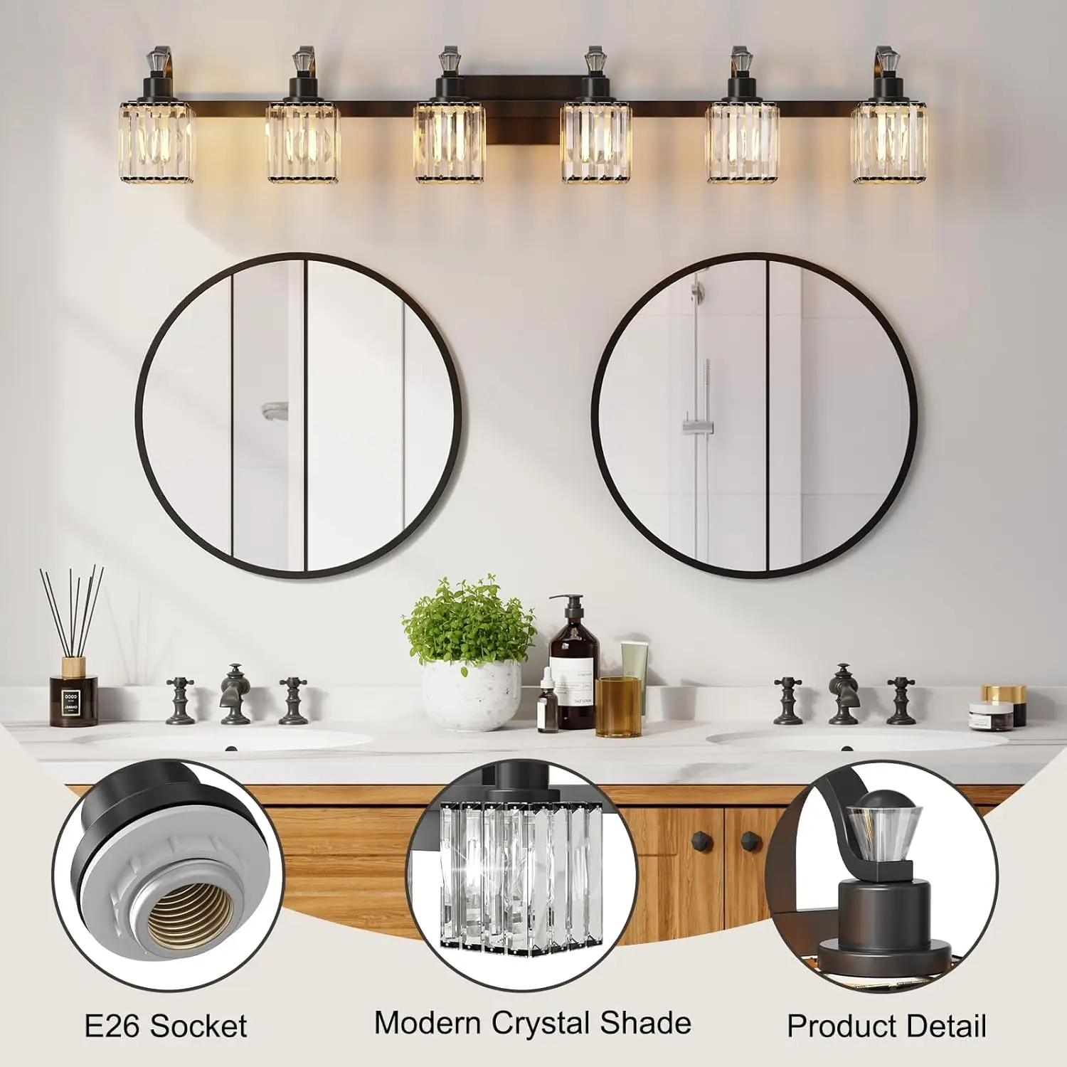 6 Lights Modern Crystal Wall Lighting with Square Shade Bathroom Vanity Light Crystal Vanity Light Fixtures Over Makeup Mirror