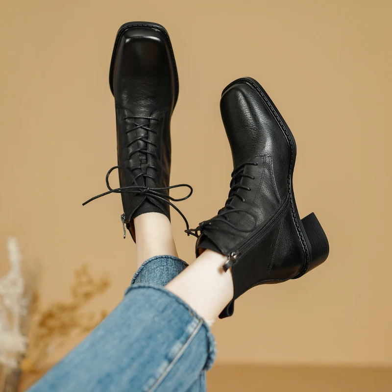 2023 New Women Boots Ankle Boots Thick High Heels Genuine Leather Shoes Woman Mature Office Lady Autumn Winter Lace-up Shoes