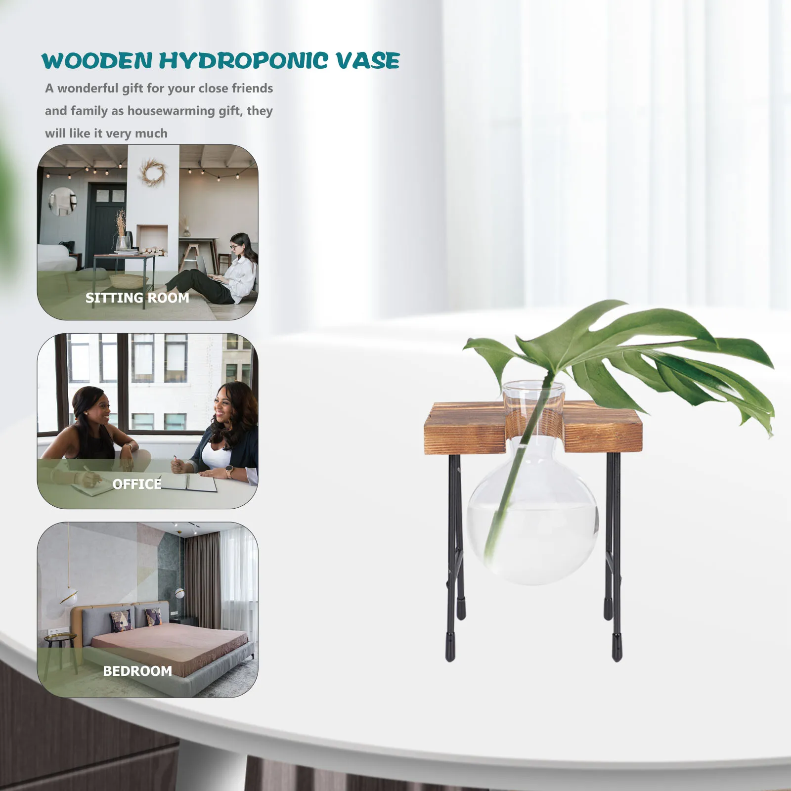 

Nordic Style Wooden Hydroponic Flower Vase Stable Solid Wood Base Transparent Glass Container Table Decoration Desktop Planter