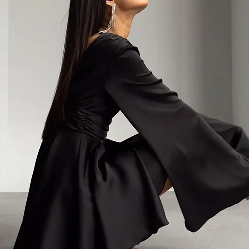 2025 feminino elegante cetim com decote em v vestidos de festa cor sólida mangas alargadas cintura alta vestido de férias para roupas femininas novo