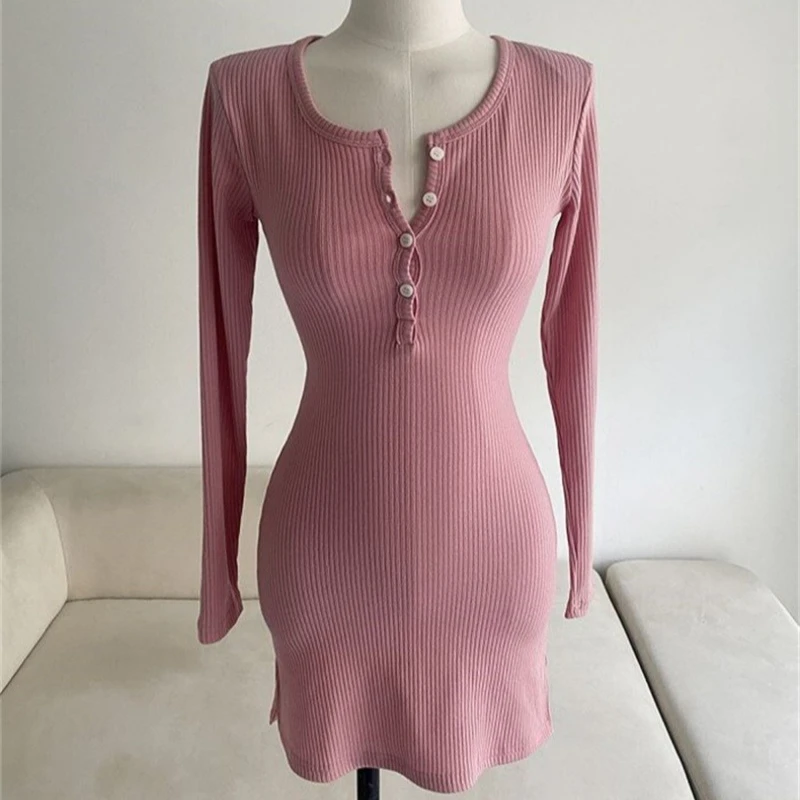 Korean Version Autumn Winter New Bodycon Frock Half Open Neck Button Long Sleeve Cinching Waist Wrap Hip Slim Sexy Knit Dress