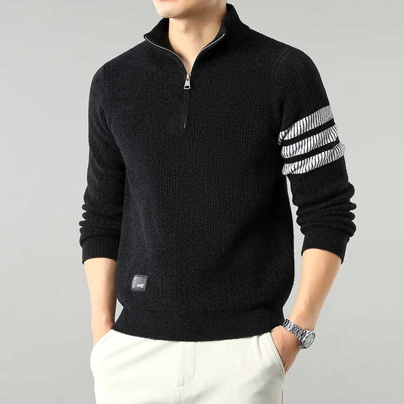 เสื้อสเวตเตอร์ถักคุณภาพสูงแบบใหม่ ซิปครึ่งตัว สำหรับผู้ชาย ฤดูใบไม้ร่วงและฤดูหนาว แขนยาว เสื้อสเวตเตอร์ถัก เสื้อสเวตเตอร์พื้นฐาน