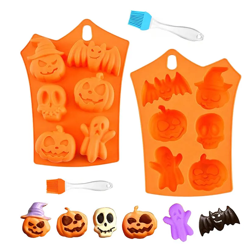 2Pcs Halloween Silicone Chocolate Molds Halloween Baking Molds Trick or Treat Pumpkin Shape Trays for Making Ice Cube with Brush