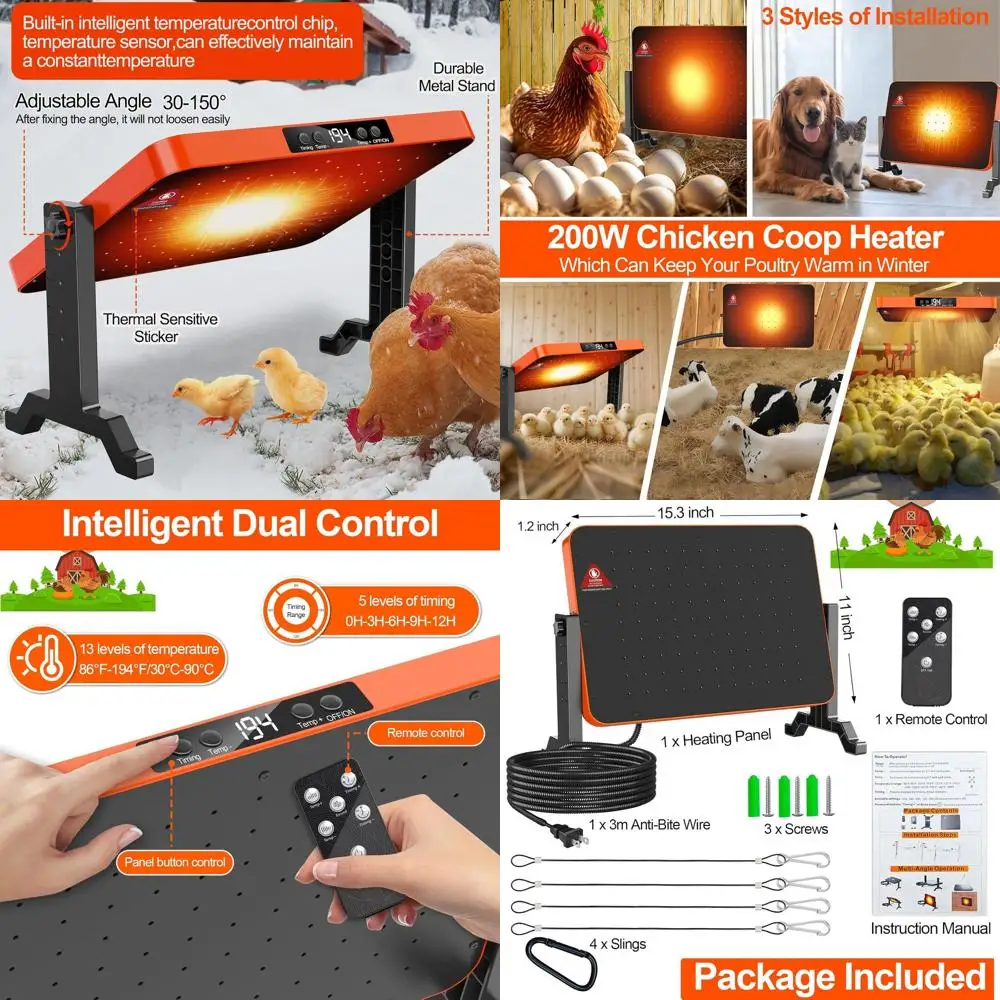

Умный обогреватель для курятника мощностью 200 Вт с защитой от перегрева, дистанционным управлением и регулируемой температурой для домашних животных