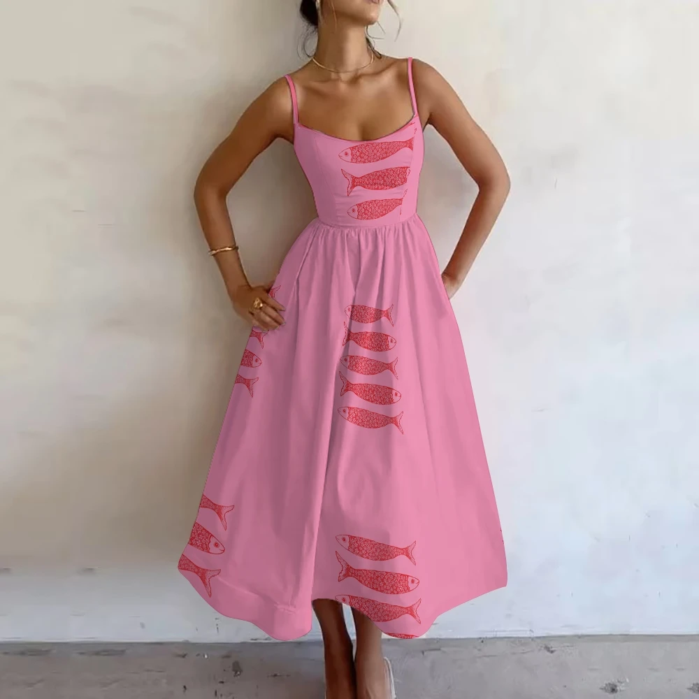 1-Piece Sundress Pettiskirt Women's Sardine Printed Pink Design Holiday clothing Banquet Evening Dress Show off Waistline Summer