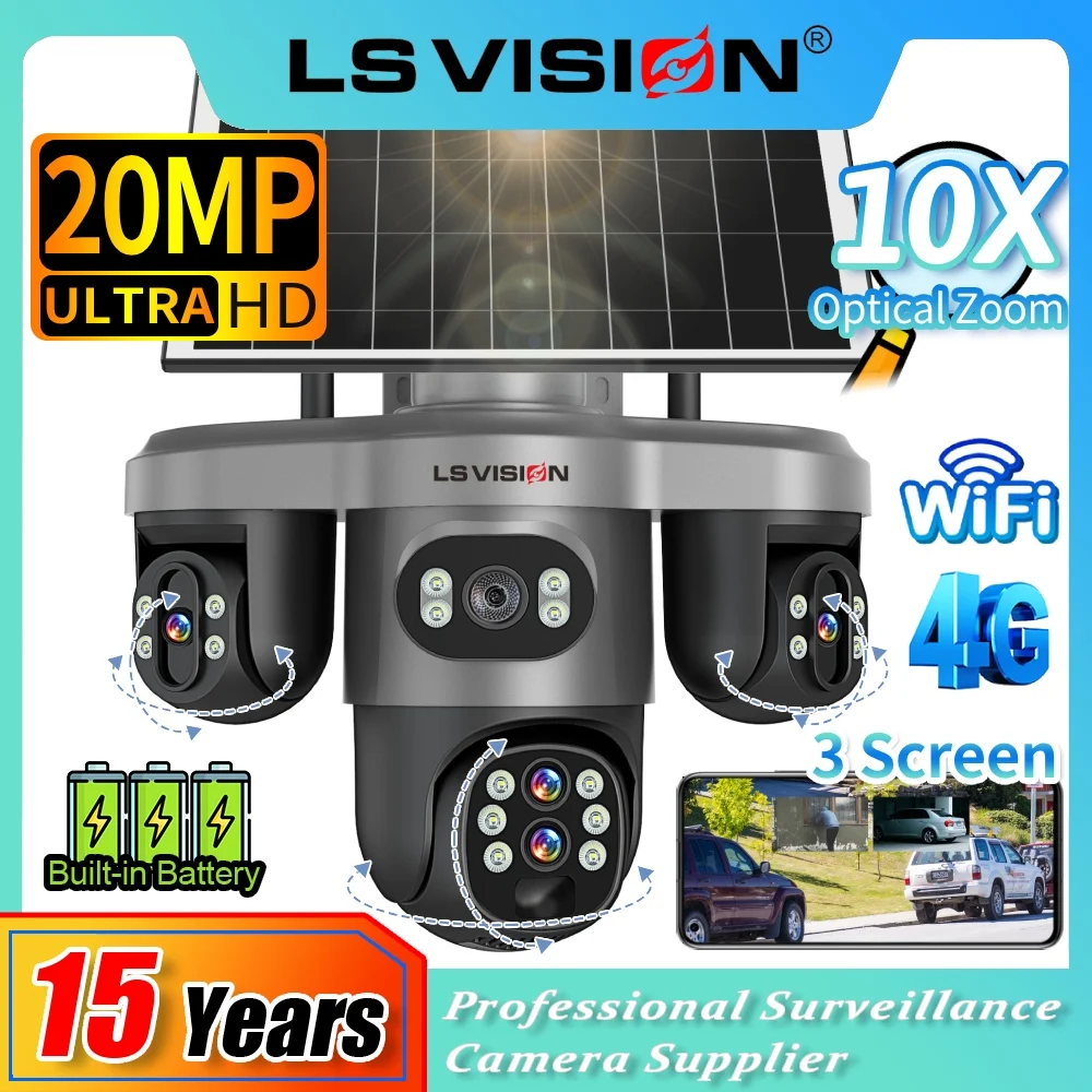 LS VISION 20MP 4 objectifs trois écrans 4G caméra solaire extérieure WiFi 10X Zoom optique suivi automatique Wifi caméra de Surveillance V380 Pro
