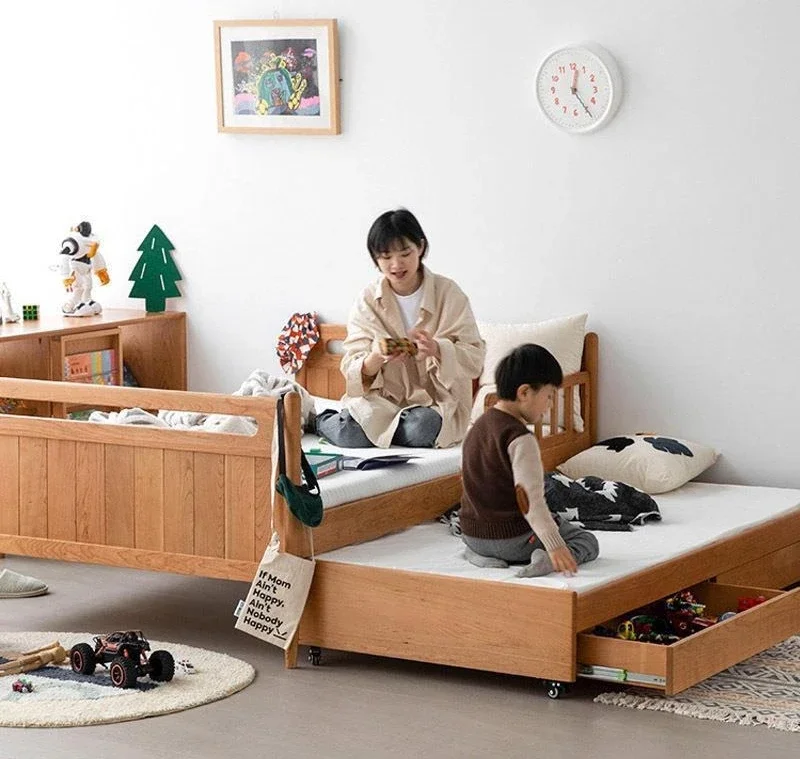 체리나무 원목 어린이침대, 일본식 통나무 이층침대, 서랍트레일러 포함, 엄마와 아이 침대