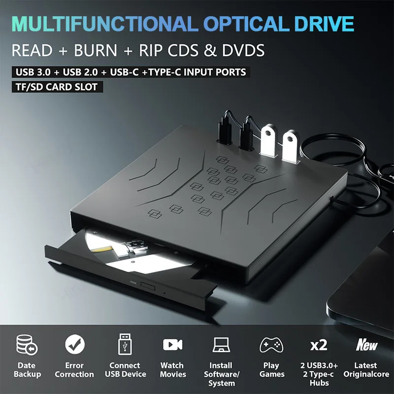 7-in-1 External DVD Optical Drive Portable CD DVD -/+RW Player with USB3.0 USB-C SD TF Card Slots DVD Burner  for  Laptop PC