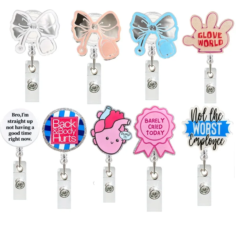 1Pc Bow Pattern Acrylic Mirror Badge Reel 360 Rotation Retractable ID Card Holder for Students Office
