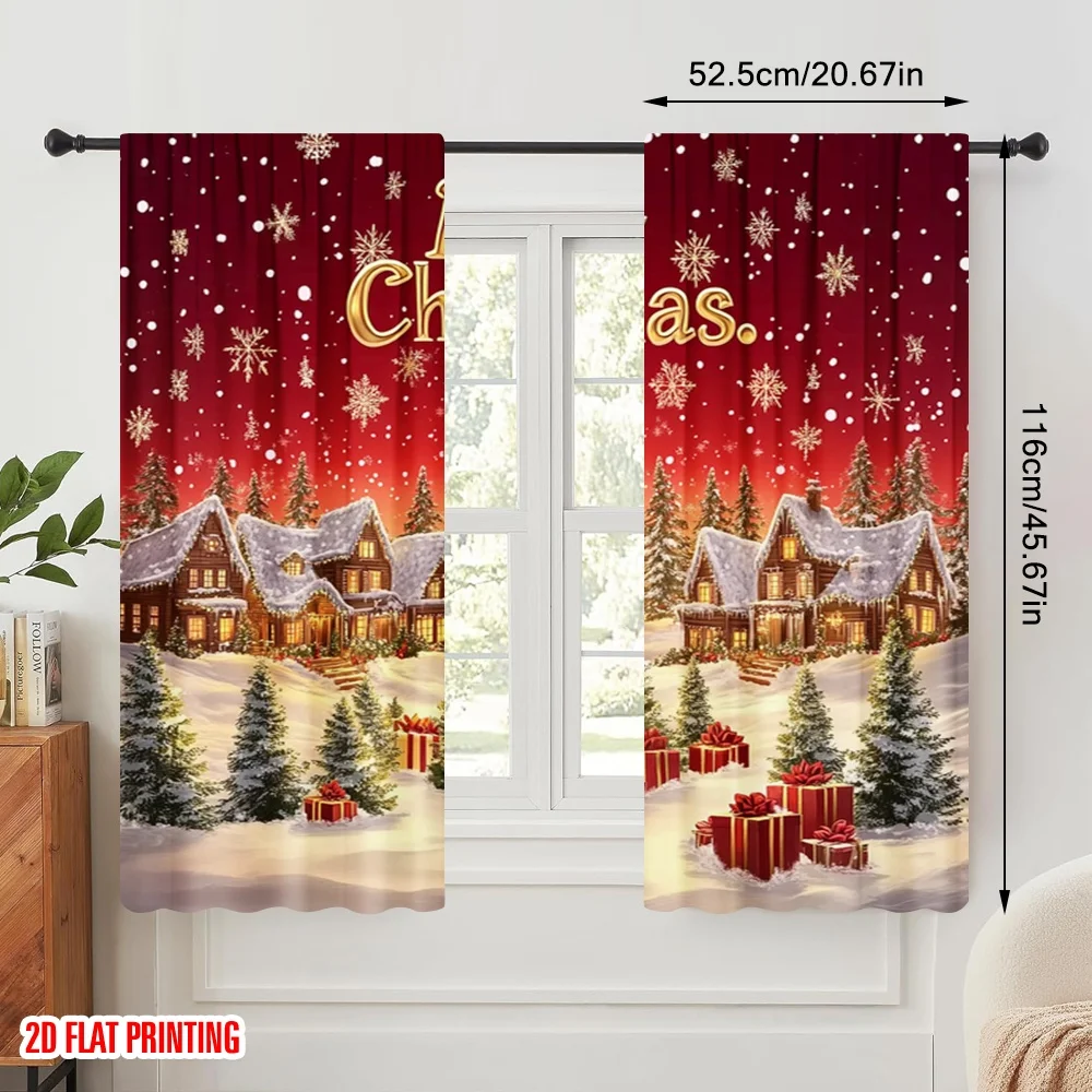 2pcs,2D plane printing Window Curtain Merry Christmas Village Scene Polyester Fabric (without rod) All Seasons Perfect for