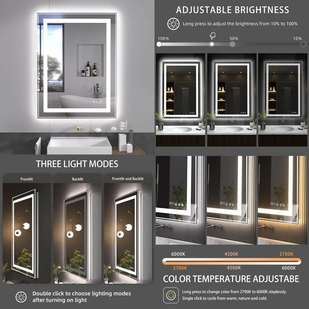 مرآة زينة LED مضادة للضباب قابلة للتعتيم، مرآة حمام أمامية وخلفية 32 × 24، درجة حرارة اللون 2700 كلفن - 6000 كلفن، جودة ممتازة