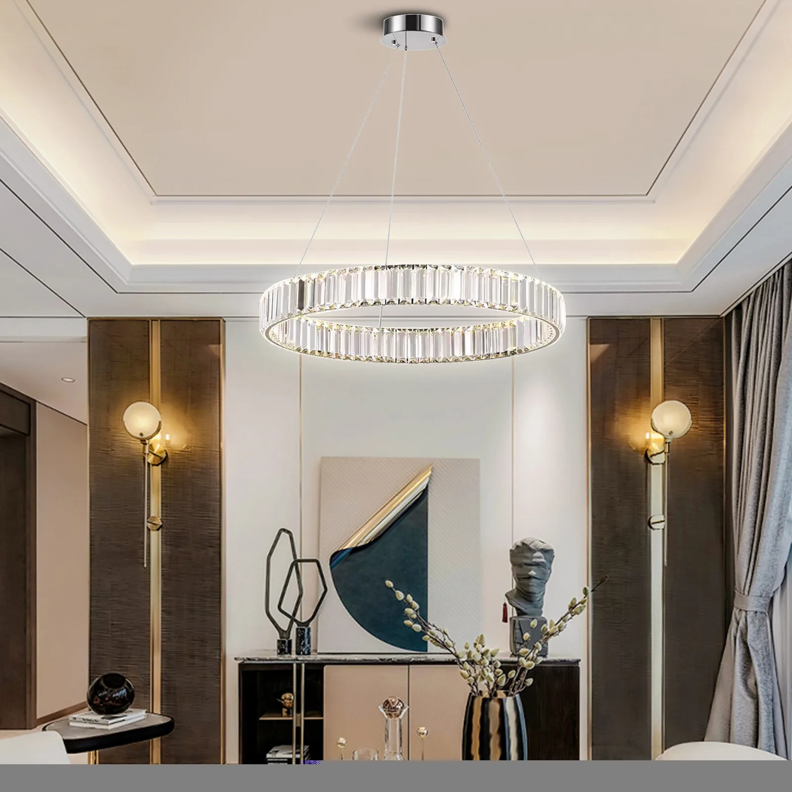 

Modern Crystal Chandelier LED Ring Pendant Light Hanging Lamp Fixture Home Kitchen Lights