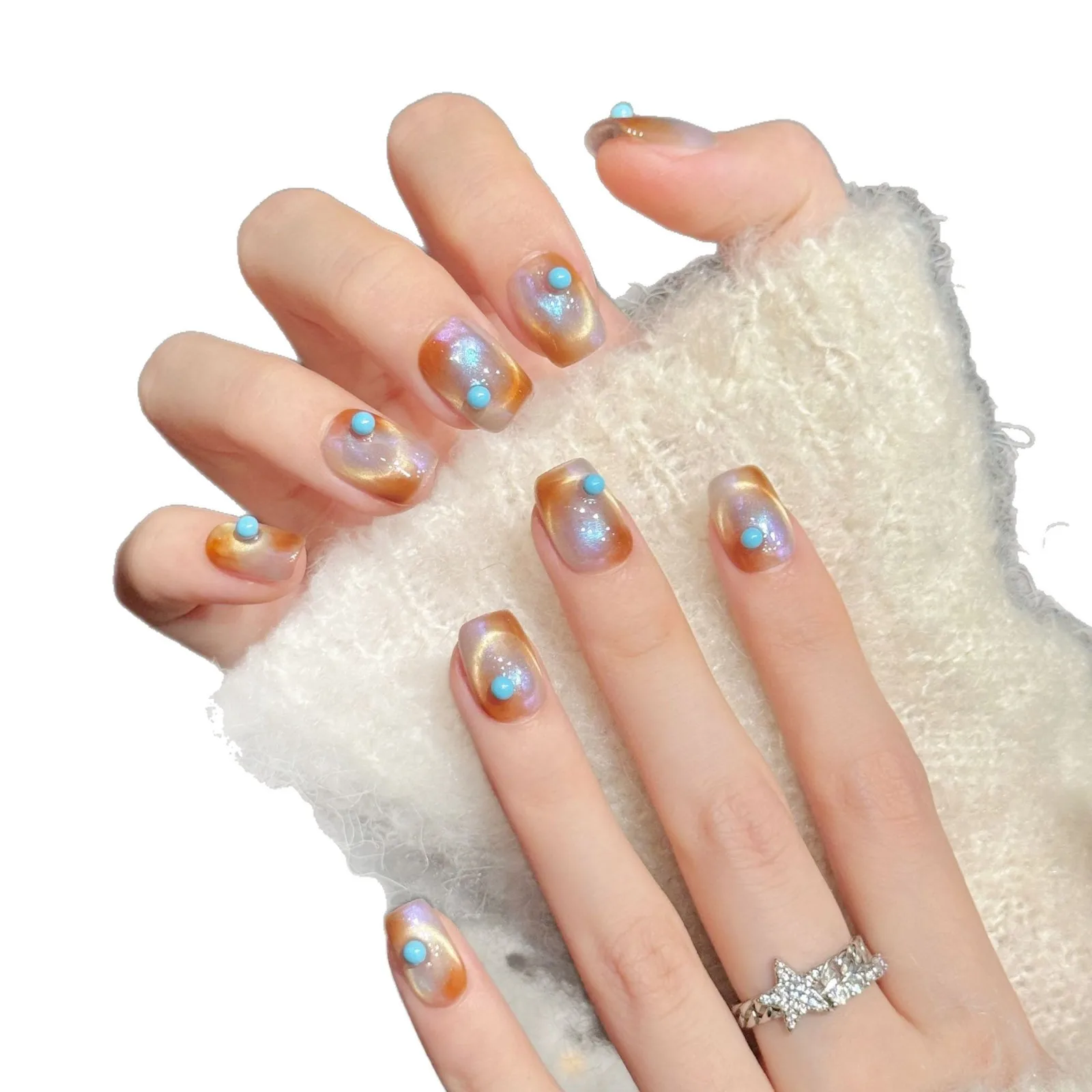 اليدوية قصيرة الصحافة على الأظافر للفتيات برتقالي أزرق شقراء عيون القط الأزرق حبة تصميم الأظافر وهمية يمكن ارتداؤها رسومات أظافر نصائح 10 قطعة #4