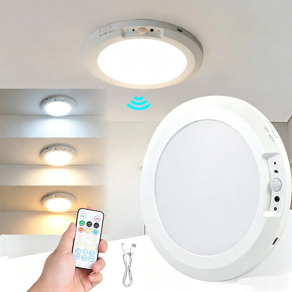Rechargeable Magnetic LED Motion Sensor Round Panel Ceiling Lamp CCT Light Dimmable PIR Detector Remote Control Night Light