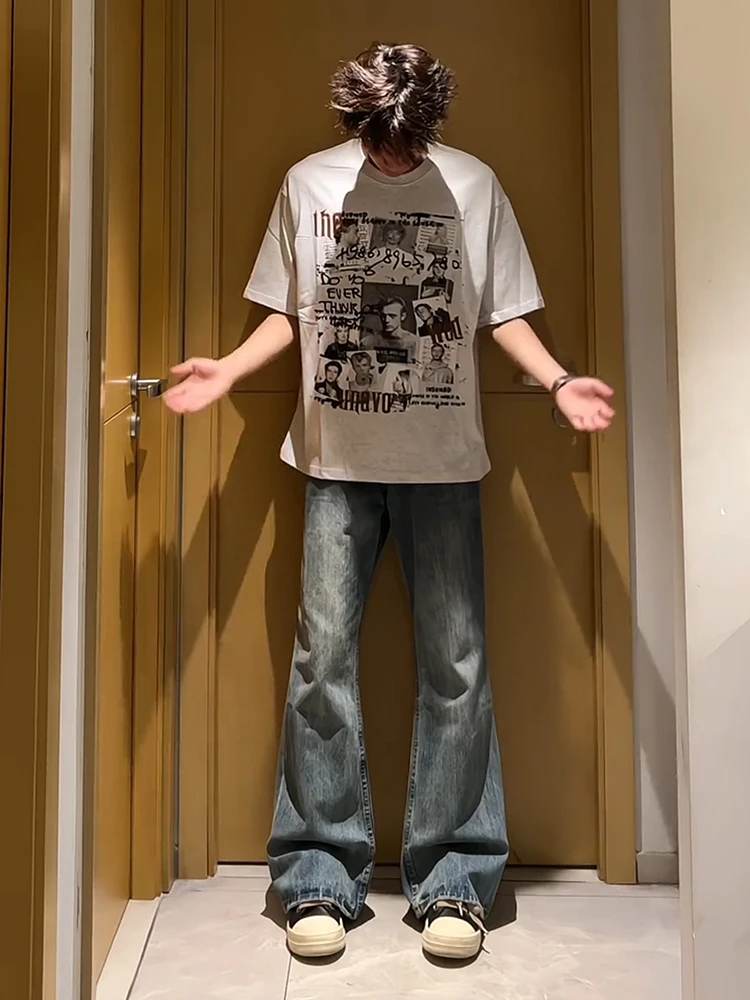 

Мужские джинсы прямого кроя в стиле ретро, синие, в уличном стиле, облегающие, с узором «молния», расклешенные, длинные брюки