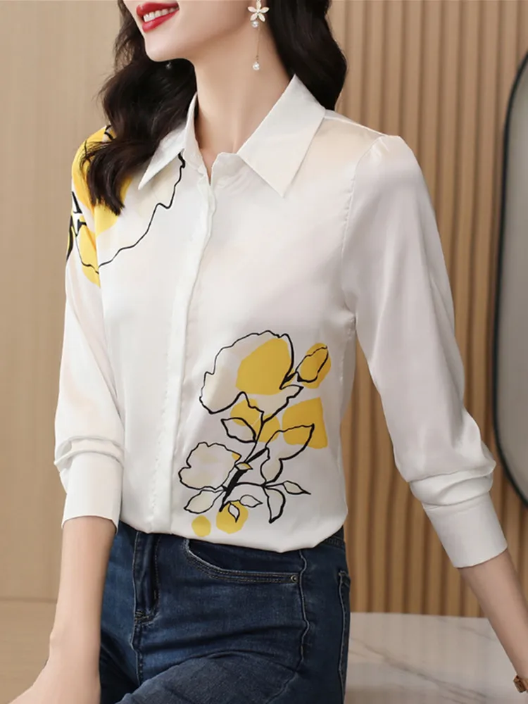 Silk Shirts Women Printed Long Sleeve Blouse Satin Ladies Tops White Shirt 2022 Autumn Fashion Women Clothing OL Floral Blouses