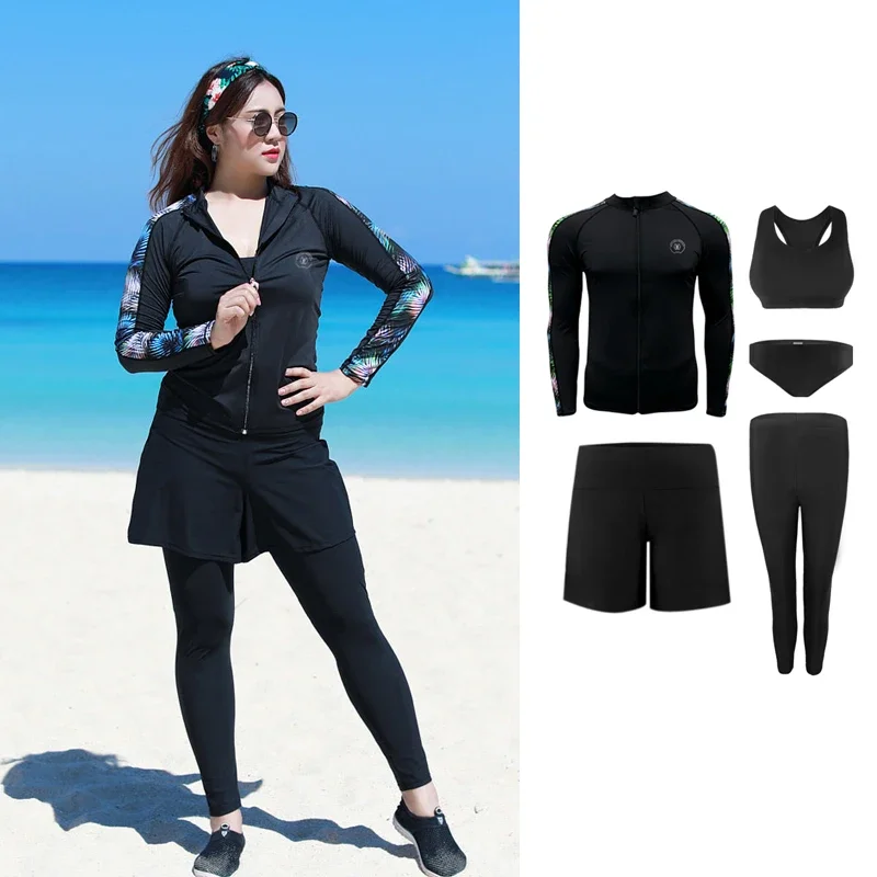 

Plus Size Women Rashguard Sports Swimwear Long Sleeve Split Swimsuit Conservative Summer Surfing Swimwear Diving Suit