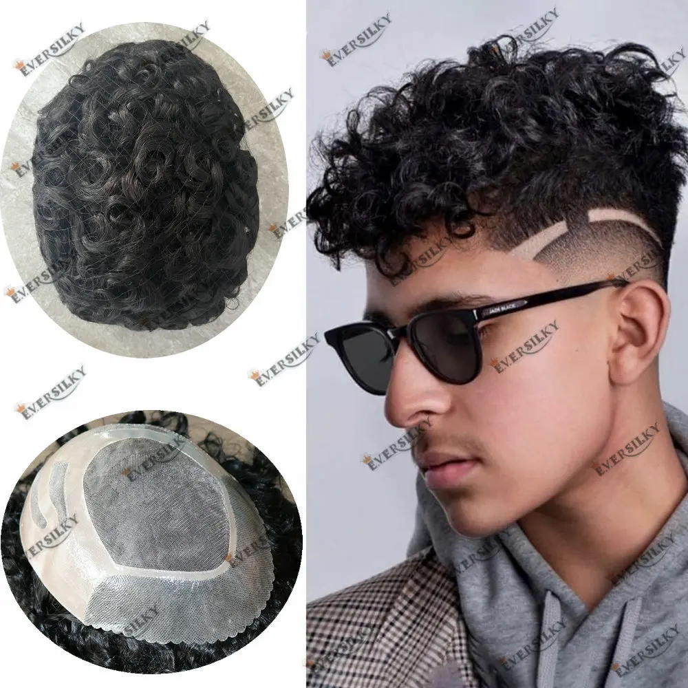 

Bond 20mm Curly100%Human Hair Toupee Indian Hair Wigs Men Capillary Prosthesis Unit Durable Strong Mono NPU Base Toupee For Men