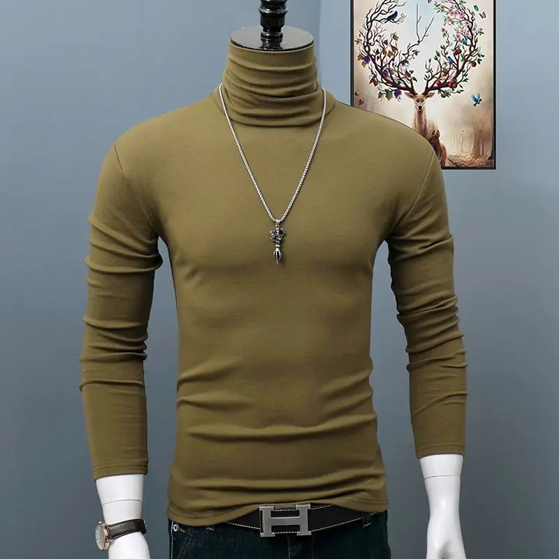 Men's Classic Autumn Winter Turtleneck T-Shirt Dark Red Stretch Casual Turtleneck Top Plus Size Long Sleeve Tee Shirts Young Men image 3