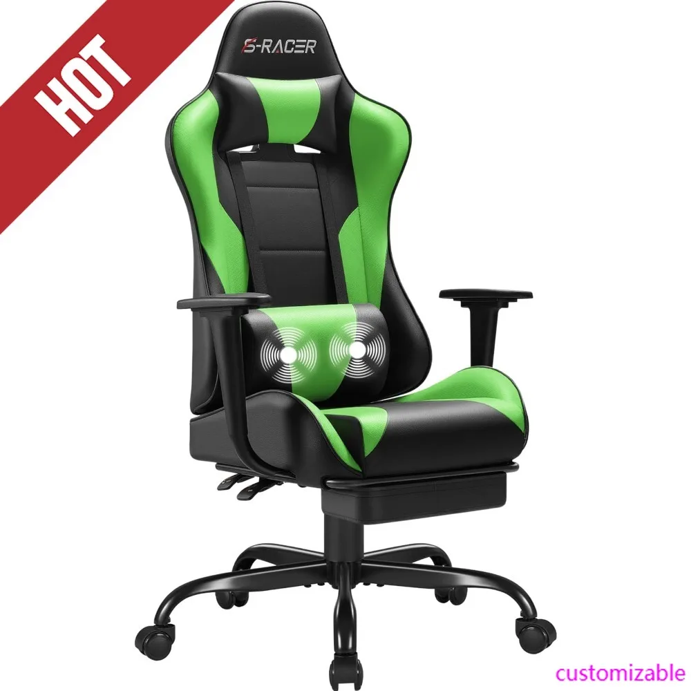 HOT-Chairs, Computer Chair With Footrest And Massage Lumbar Support, Height Adjustable Game Chair With Headrest 