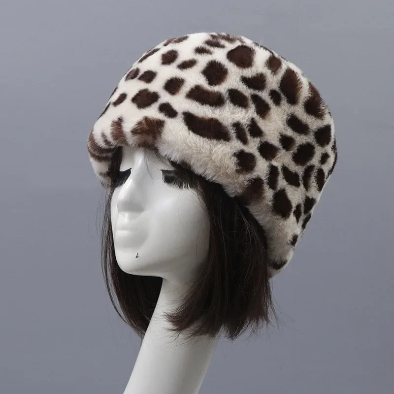 Faux Fur Hats for Women Winter Autumn Fluffy Russian Hat Winter Cap Female Beanies Solid Color Leopard Print Bonnets