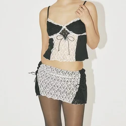 WhereMery Korean Fashion Y2K Lace Two Piece Set with Mesh Perspective Hollow Open Belly Short Top Straight Tube Splicing Skirt