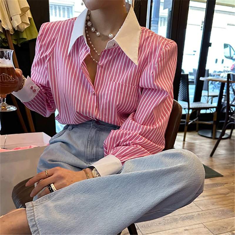 REALEFT Spring Summer Elegant Striped Women\'s Blouse One Pocket Turn-down Collar Single Breated Korean Shirts Female 2024 New