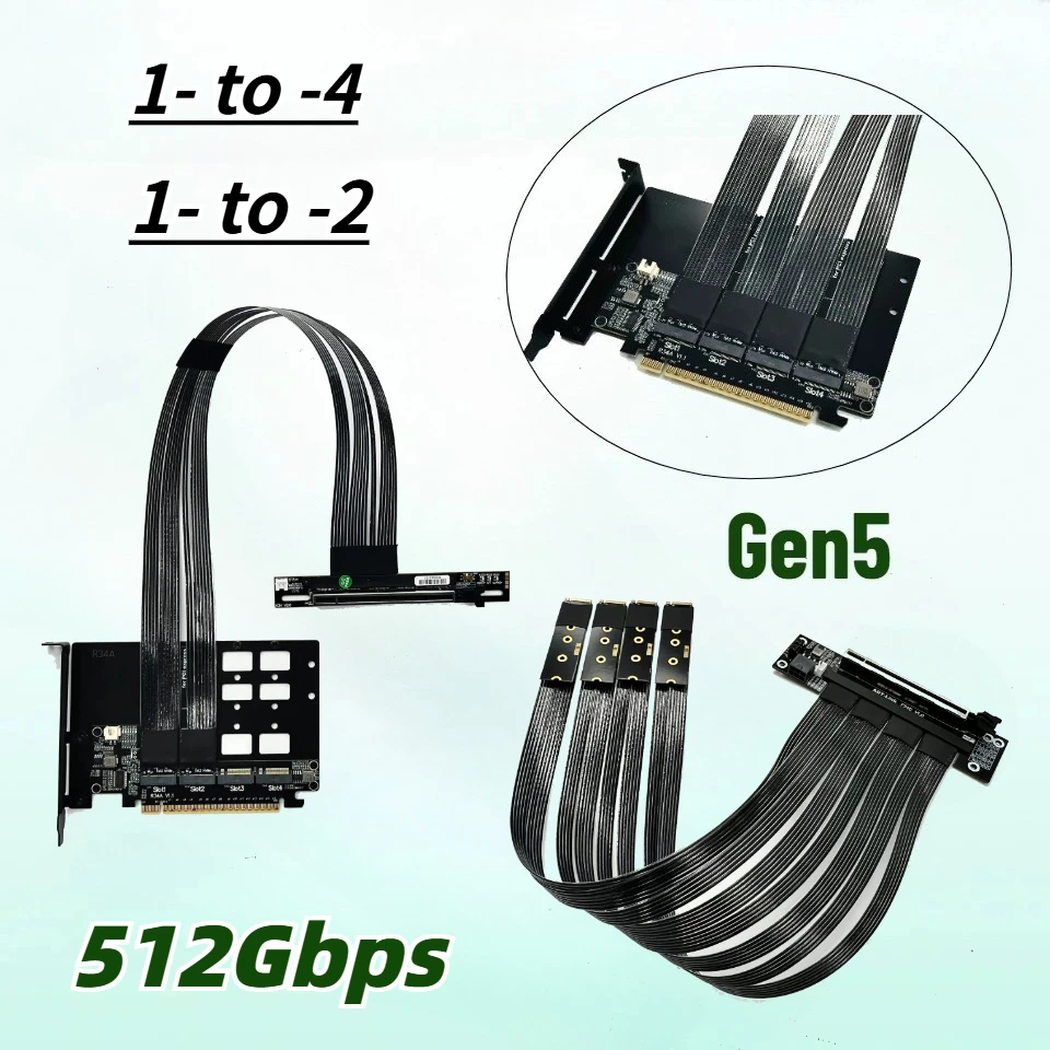 PCIe 5.0 X16 4*M.2 NVMe To X8 Split Card Extension Cable Gen5 512Gbps For AI Local Deployment Multi-GPU 1-to-4 High-Speed Server