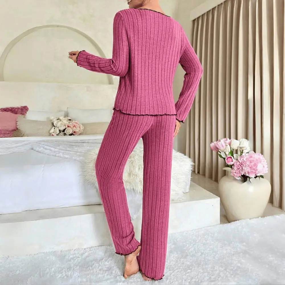 Herbst-Pyjama, elegantes Frühlings-Damen-Pyjama-Set mit V-Ausschnitt, Oberteil, elastische Taille, Hose, 2-teiliges Homewear-Outfit mit Schleife zum Entspannen