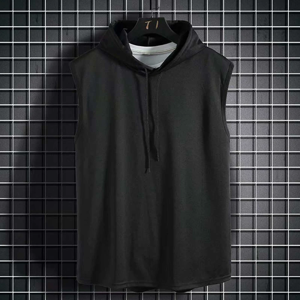 Workout Hooded Tops Men Sleeveless Gym Hoodies Bodybuilding T Shirt Dark Gray L 3XL Polyester Black/White/Dark gray