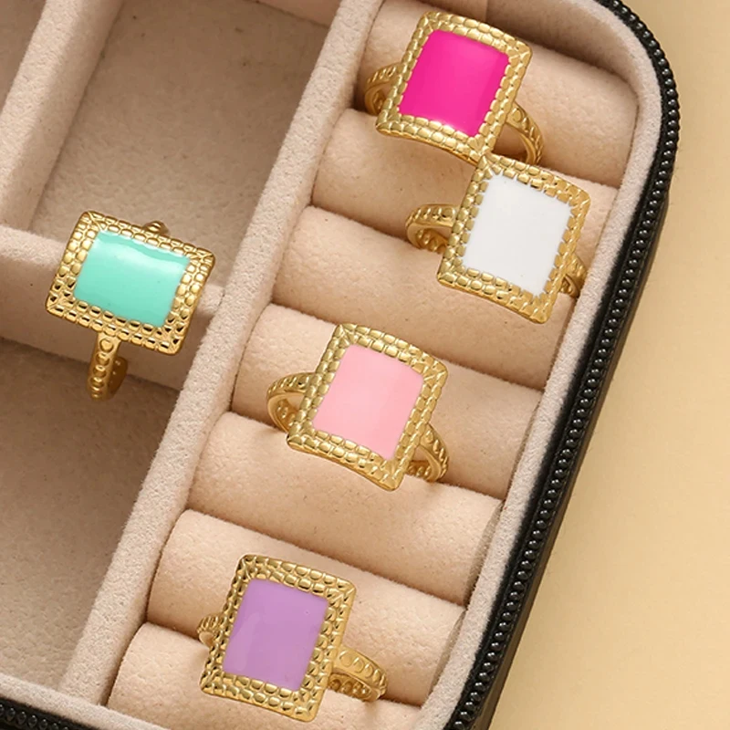 Boho Multicolor Enamel Hollow Heart Square Open Rings For Women Gold Plated Stainless Steel Belt Chain Rings Luxury Jewelry Gift